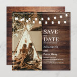 Rustic Wooden Custom Photo Square Save The Date Invitation<br><div class="desc">Rustic Wooden Custom Photo Square Save The Date Invitation. You can customize all the text and photo on this invitation. This rustic theme invitation features string lights and a customized photo with elegant white typography and borders on rustic wooden background. You can customize it by pressing the (Personalize) button. If...</div>