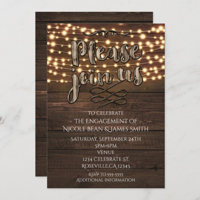 Rustic Wooden Elegant String Lights Invitation (Front/Back)