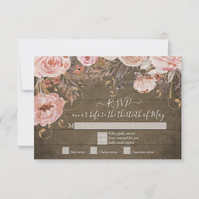 Rustic Wooden Floral Pink Rose Gold RSVP Response (Front)