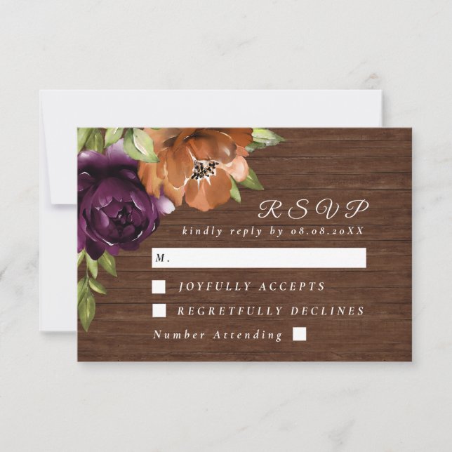 Rustic Wooden Floral Purple Wedding Response Card (Front)