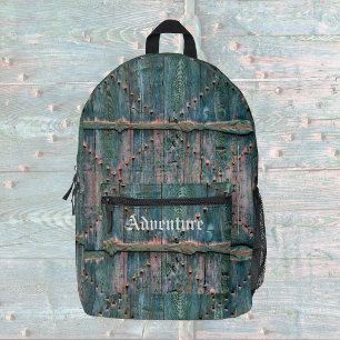 Rustic wooden gate and iron in blue, personalized printed backpack