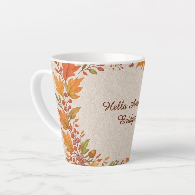 rustic wooden & hygge leaves hello autumn latte mug (Left Angle)