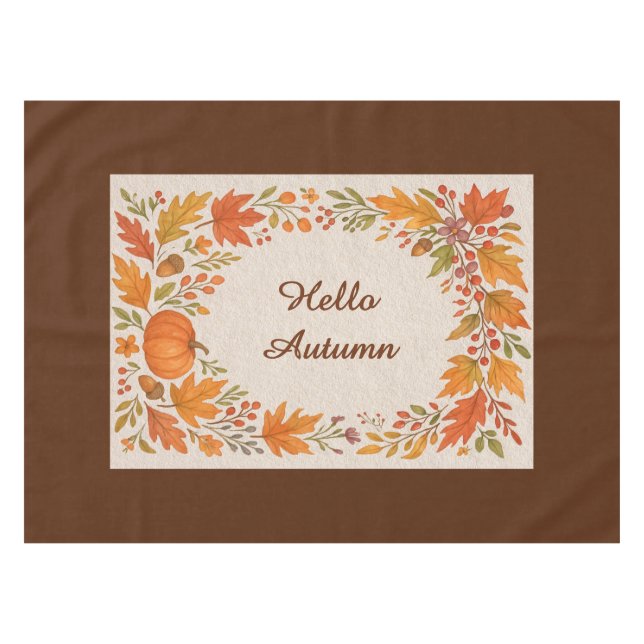 rustic wooden & hygge leaves hello autumn tablecloth (Front (Horizontal))