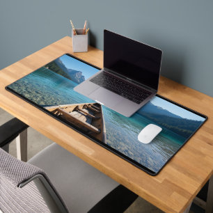 Rustic Wooden Kayak on Crystal Clear Lake Desk Mat