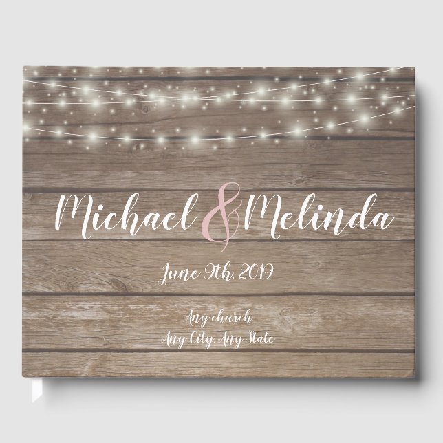 Rustic wooden Lights Wedding Guest Book (Front)