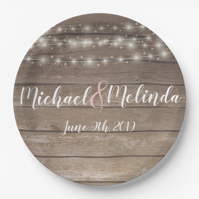 Rustic wooden lights Wedding Paper Plate (Front)