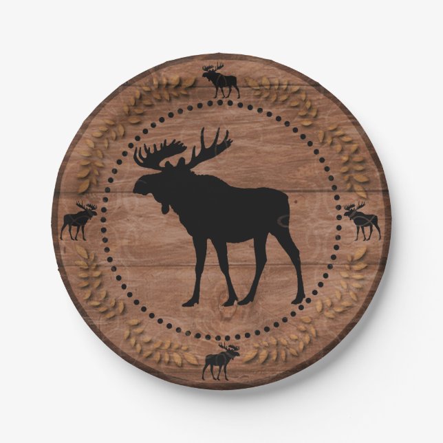 Rustic wooden moose circle paper plates (Front)