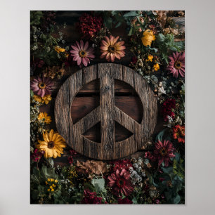 Rustic wooden peace sign with wildflowers