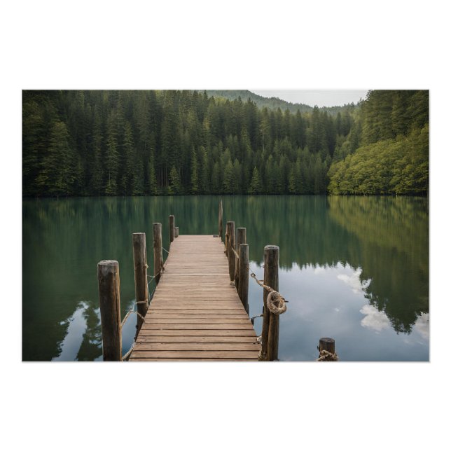 Rustic Wooden Pier at the Forest Lake Landscape  Poster (Front)