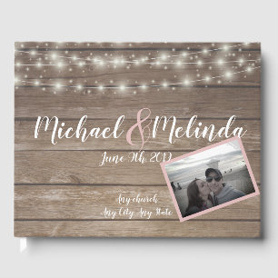 Rustic wooden string Lights and photo Wedding Guest Book
