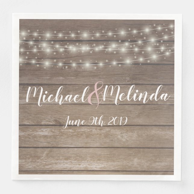 Rustic wooden string lights Wedding Napkin (Front)
