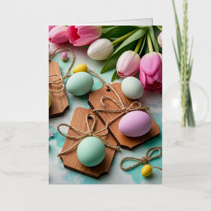 Rustic wooden tags with painted Easter eggs  Foil Greeting Card