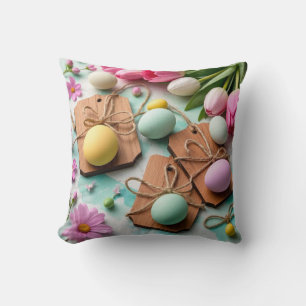 Rustic wooden tags with painted Easter eggs  Throw Pillow
