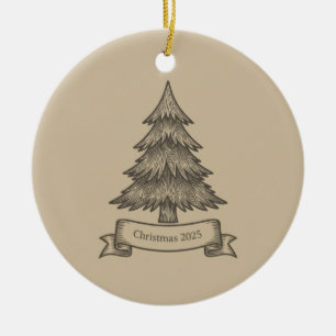 Rustic Wooden Tree Illustration Christmas Decor Ceramic Ornament