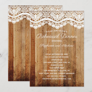 Rustic Wooden White Lace Country Rehearsal Dinner Invitation