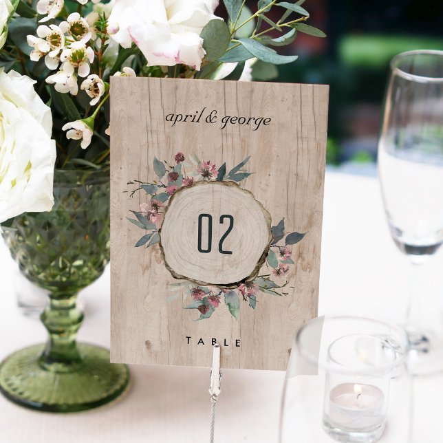 Rustic Wooden Wild Pink Eucalyptus Floral Wedding  Table Number (Creator Uploaded)