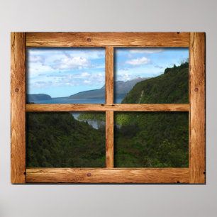 Rustic wooden window frame view of New Zealand Poster