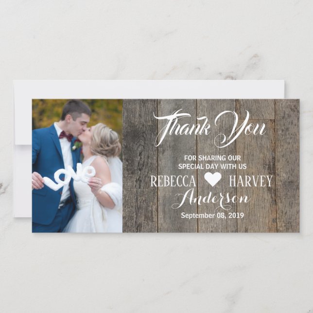 Rustic woodgrain barn wedding thank you card (Front)