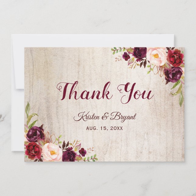 Rustic Woodgrain Burgundy Blush Floral Wedding Thank You Card (Front)