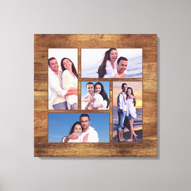 Rustic Woodgrain Family Photo Collage Template Canvas Print (Front)