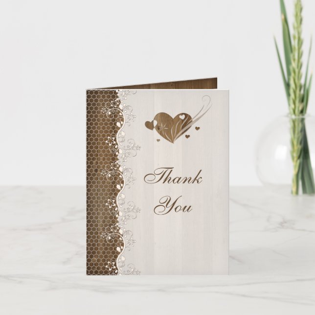 Rustic Woodgrain Floral Lace Hearts Thank You Card (Front)