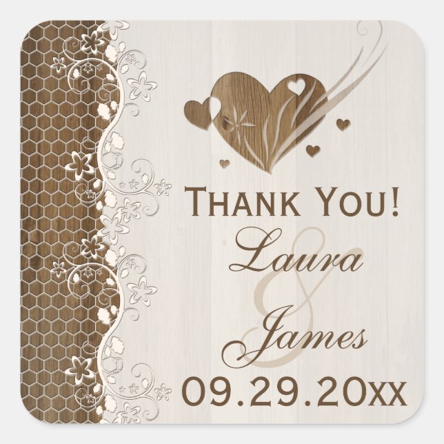 Rustic Woodgrain Floral Lace Wedding Favour Sticke Square Sticker (Front)