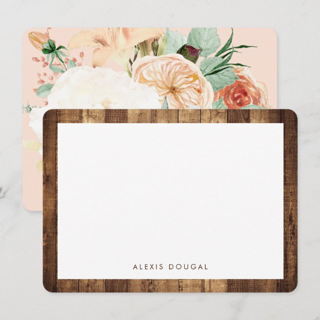 Rustic Woodgrain Floral Personalized Stationery Card (Front/Back)