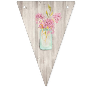 Rustic Woodgrain Mason Jar Pink Floral Wedding Bunting Flags