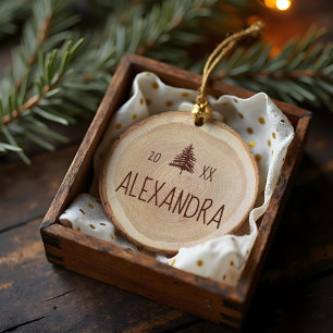Rustic Woodgrain Slice Personalized Name & Photo Ceramic Ornament