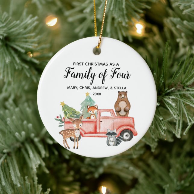Rustic Woodland 1st Christmas as a Family of Four Ceramic Ornament (Tree)