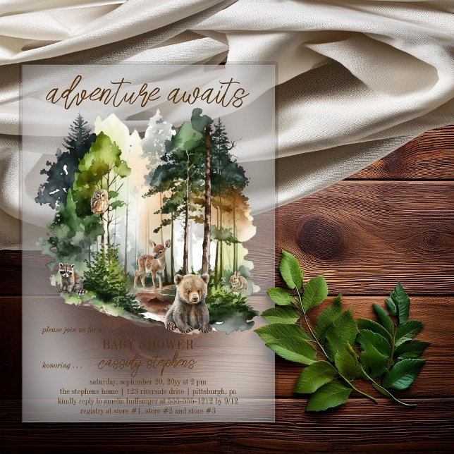 Rustic Woodland Adventure Awaits Boy Baby Shower Acrylic Invitations (Rustic Woodland "Adventure Awaits" Boy Baby Shower Acrylic Invitations)