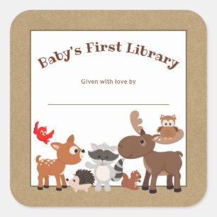Rustic woodland animal bookplate, book plate square sticker