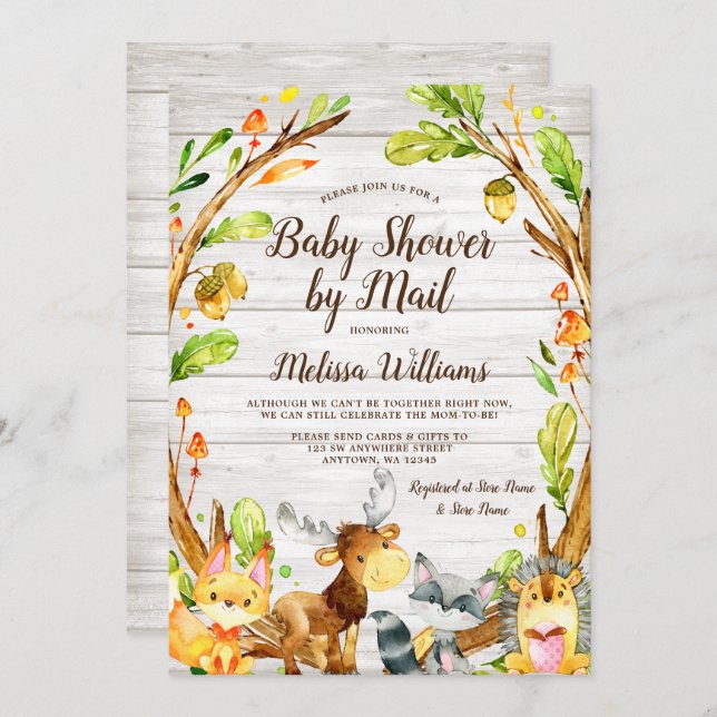 Rustic Woodland Animals Baby Shower by Mail Invitation (Front/Back)