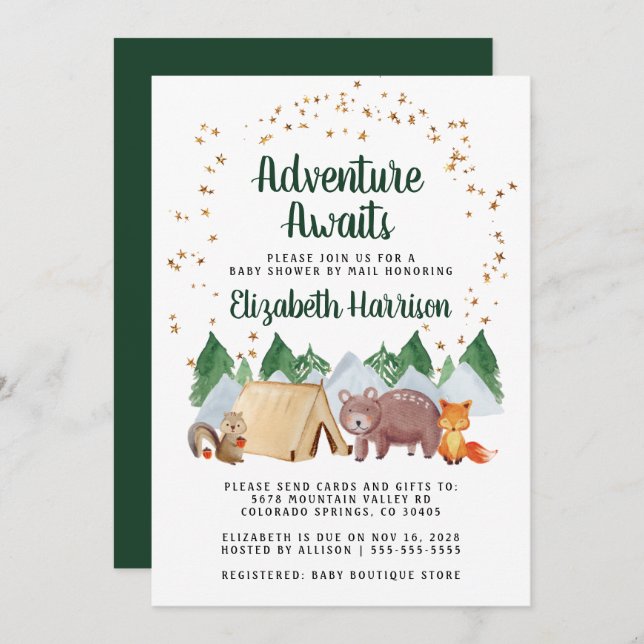 Rustic Woodland Animals Baby Shower By Mail Invitation (Front/Back)