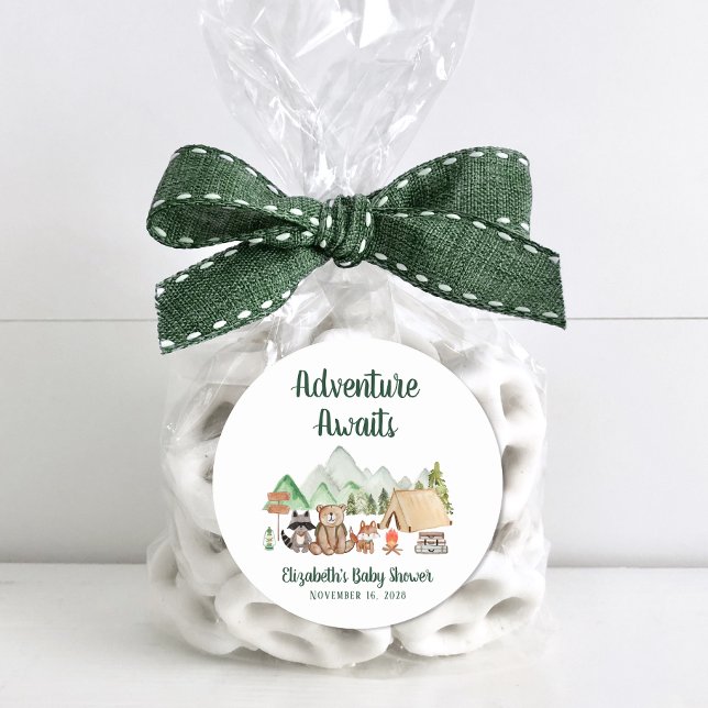 Rustic Woodland Animals Camping Baby Shower  Classic Round Sticker (Creator Uploaded)