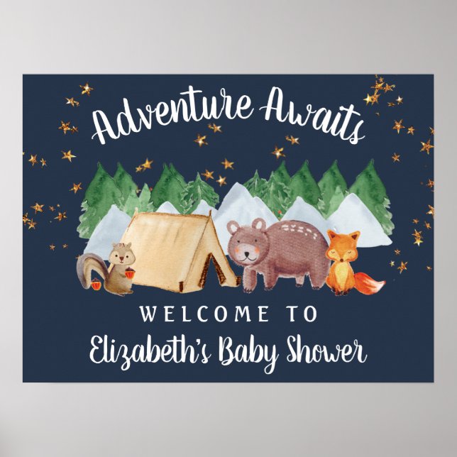 Rustic Woodland Animals Night Baby Shower Welcome Poster (Front)