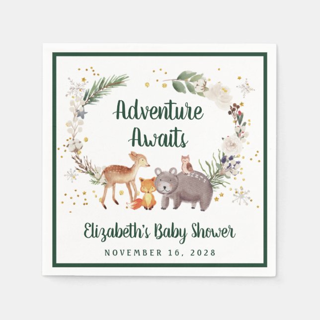 Rustic Woodland Animals Winter Baby Shower Napkin (Front)