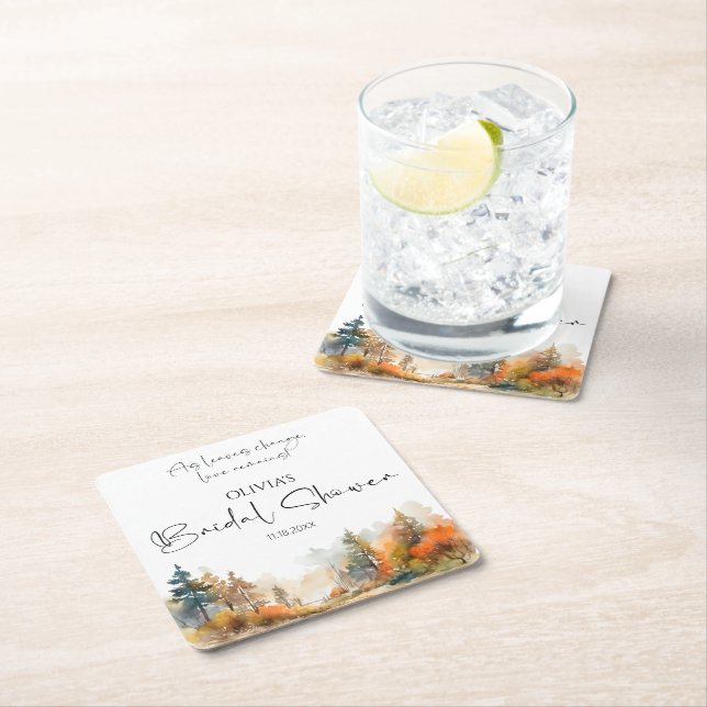Rustic Woodland Autumn Forest Bridal shower Square Paper Coaster (Insitu)