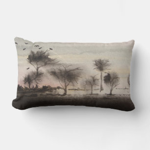 rustic woodland autumn Landscape sunset Lumbar Pillow