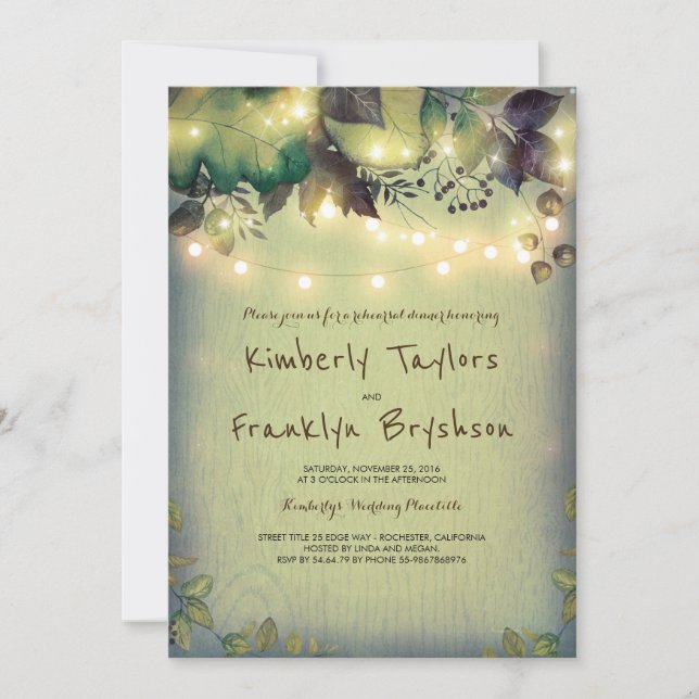 Rustic Woodland Barn Lights Rehearsal Dinner Invitation (Front)