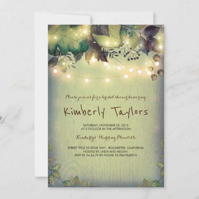 Rustic Woodland Barn String Lights Bridal Shower Invitation (Front)