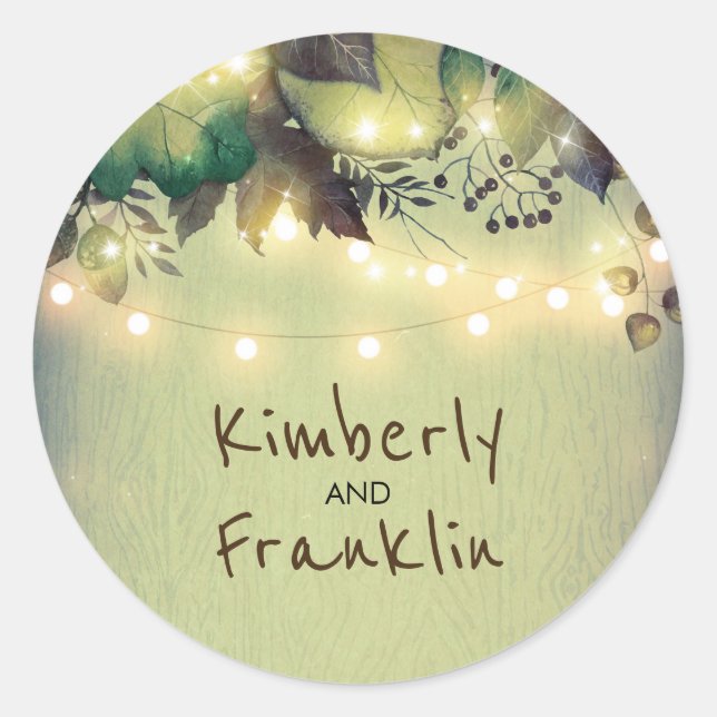 Rustic Woodland Barn String Lights Wedding Classic Round Sticker (Front)