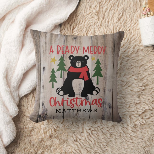 Rustic Woodland Barn Wood Bear Christmas  Throw Pillow (Blanket)