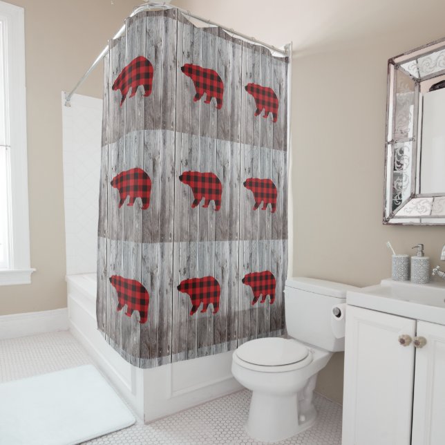 rustic woodland barn wood red buffalo plaid bear (In Situ)