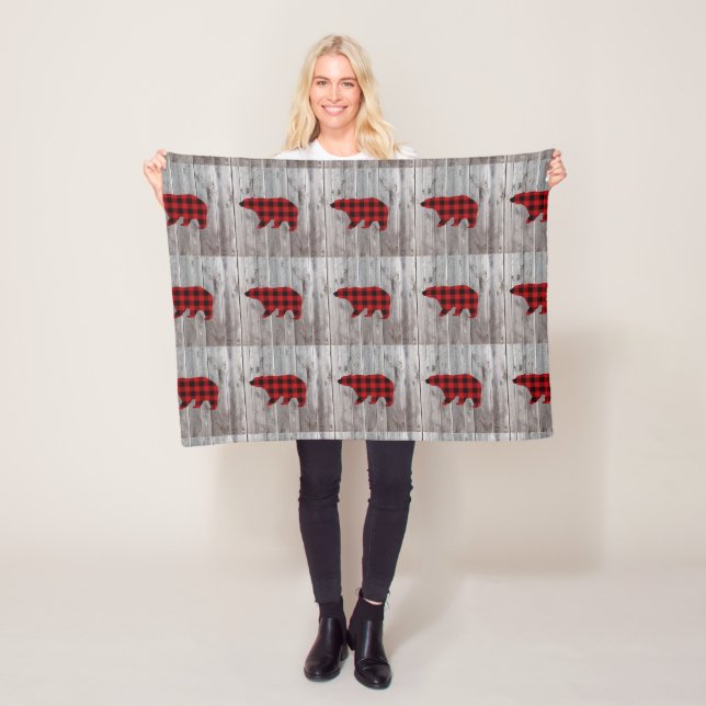 rustic woodland barn wood red buffalo plaid bear fleece blanket (In Situ)
