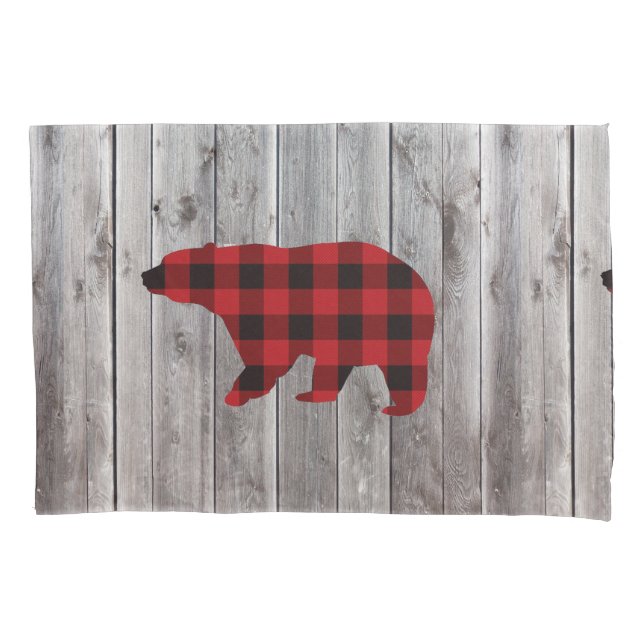 rustic woodland barn wood red buffalo plaid bear pillowcase (Front-Left)