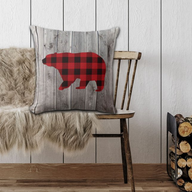 rustic woodland barn wood red buffalo plaid bear throw pillow (rustic woodland barn wood red buffalo plaid bear throw pillow)