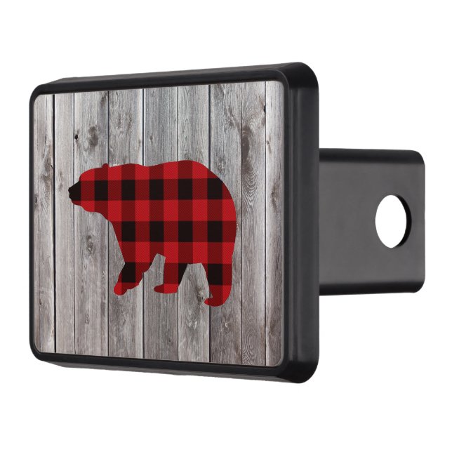 rustic woodland barn wood red buffalo plaid bear trailer hitch cover (Left)