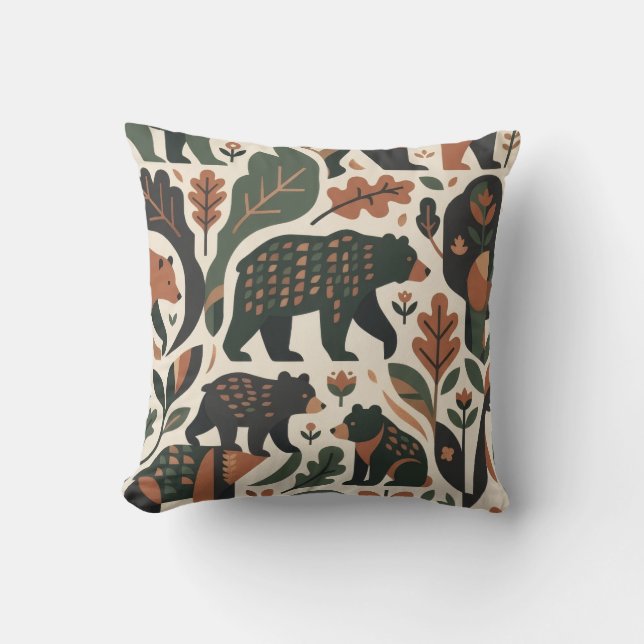 Rustic Woodland Bear Folk Art Pattern Throw Pillow (Front)