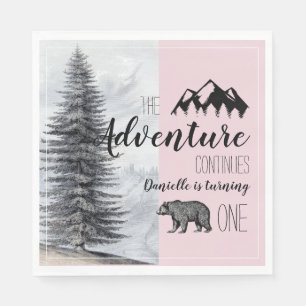 Rustic Woodland Bear Pink Girl First Birthday Napkin